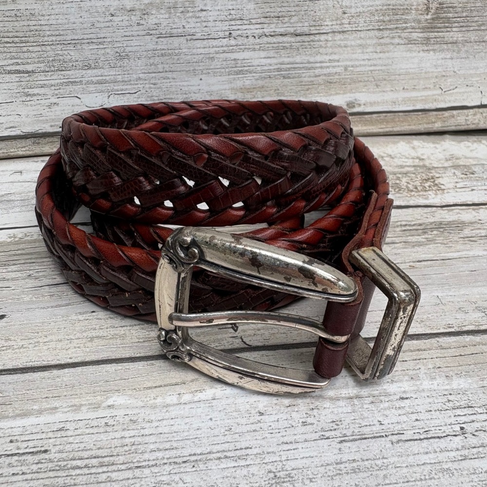 VTG Fossil Braided Leather Belt Size L Brown Western Silver Buckle Rustic Boho